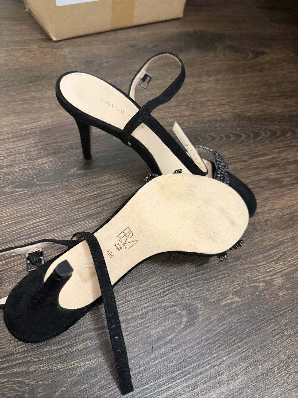 Pelle Moda Black Beaded Ankle-Strap Heels